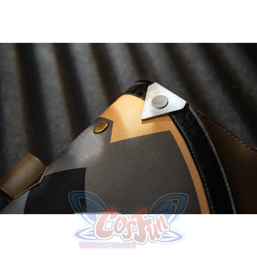 Genshin Impact Bennett cosplay shoulder panel detail frames white and gold-tone accents over black fabric