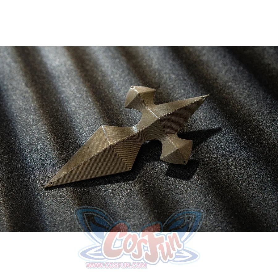 Genshin Impact Bennett cosplay shoulder prop detail sets a gold-tone angular piece into a sharp layered shape