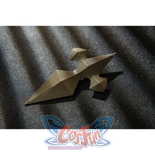 Genshin Impact Bennett cosplay shoulder prop detail sets a gold-tone angular piece into a sharp layered shape