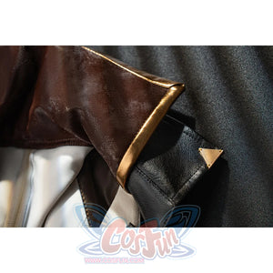 Genshin Impact Bennett cosplay shoulder trim detail sets brown fabric against black fabric and gold-tone edging