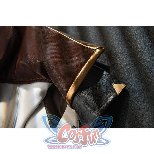 Genshin Impact Bennett cosplay shoulder trim detail sets brown fabric against black fabric and gold-tone edging