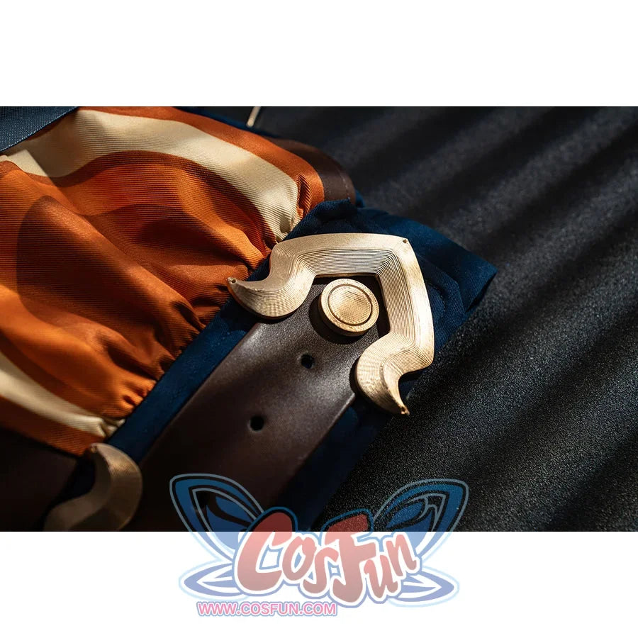 Genshin Impact Bennett cosplay side buckle detail anchors cream and gold-tone pieces against orange and navy fabric