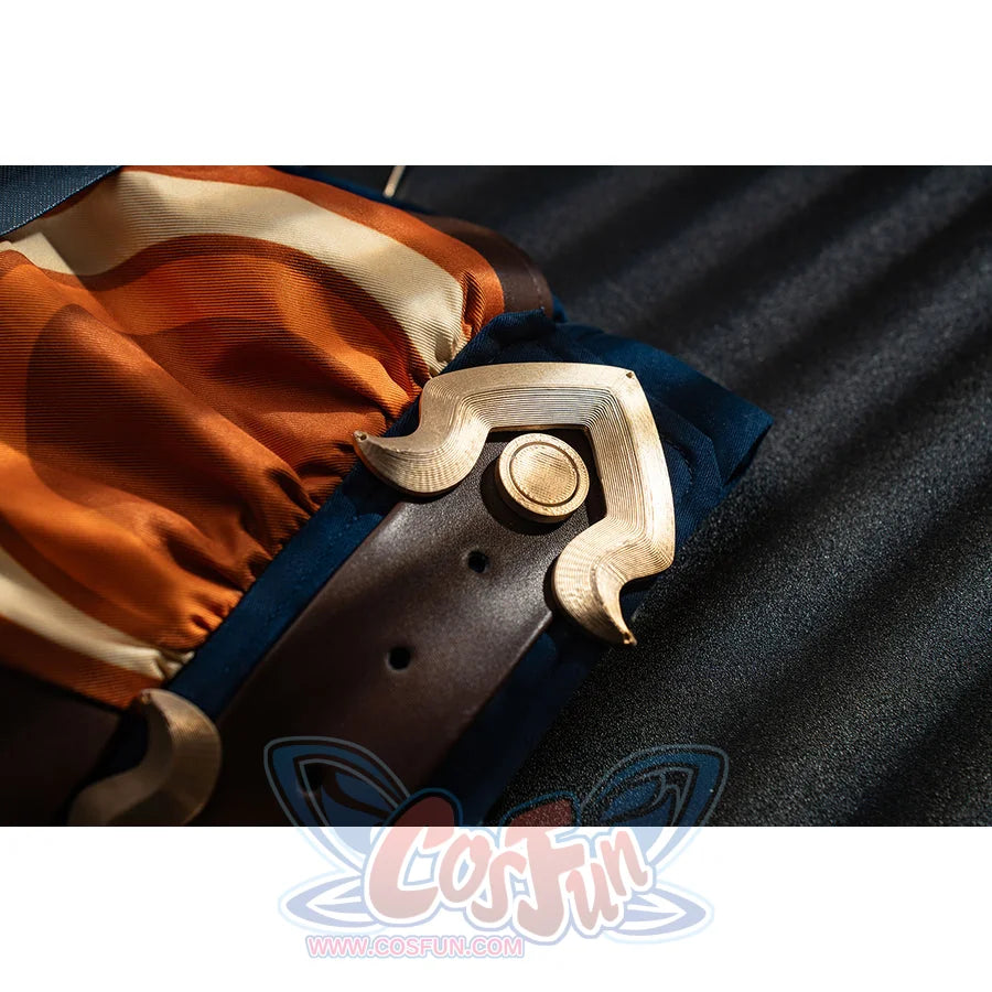 Genshin Impact Bennett cosplay side buckle detail anchors cream and gold-tone pieces against orange and navy fabric