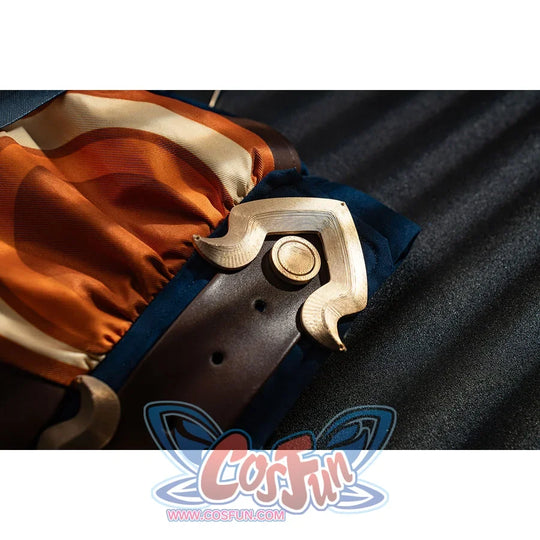Genshin Impact Bennett cosplay side buckle detail anchors cream and gold-tone pieces against orange and navy fabric