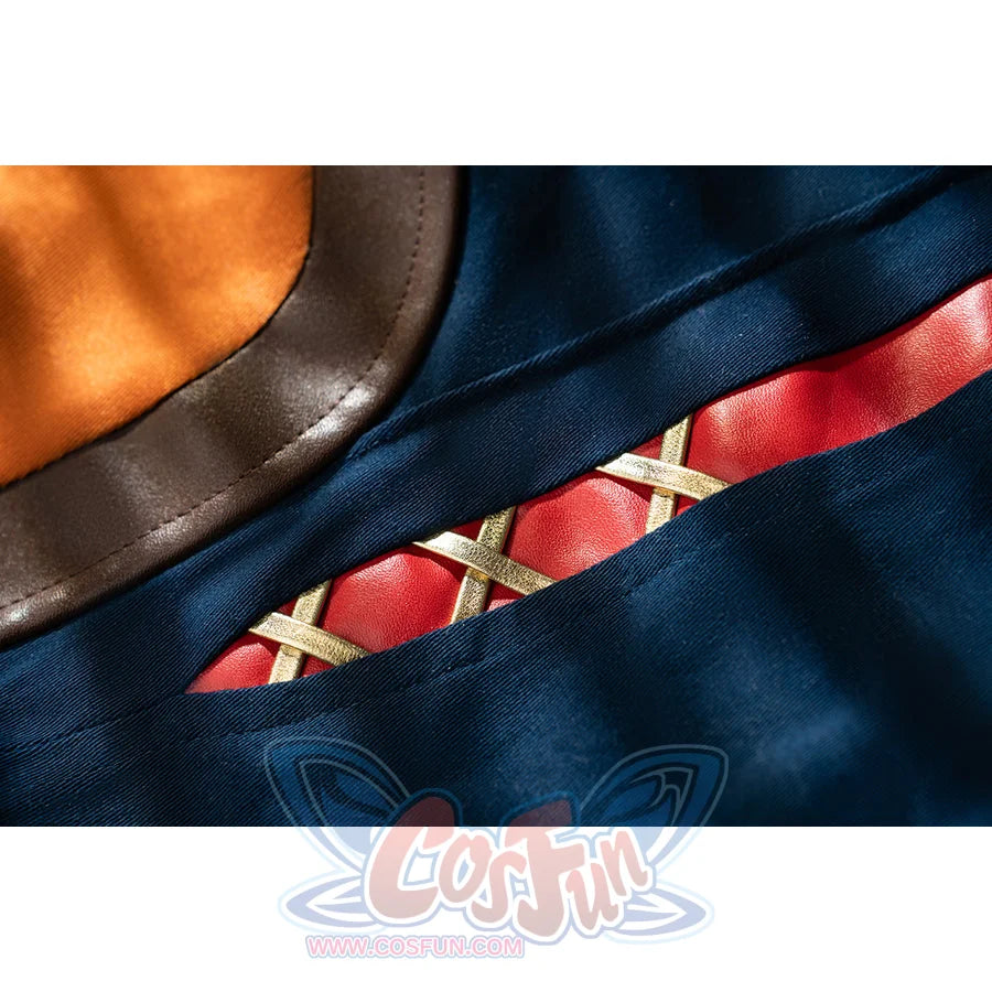 Genshin Impact Bennett cosplay side panel layers red lacing between navy fabric and orange trim