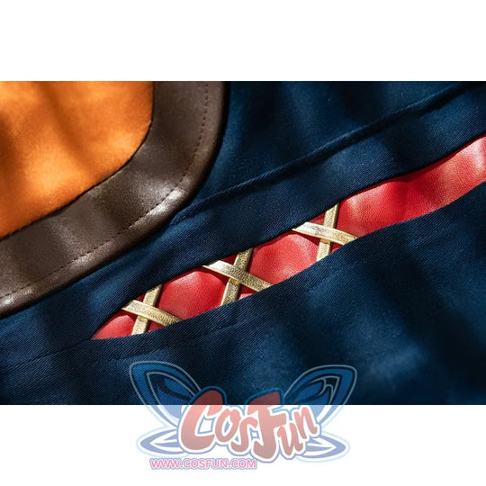 Genshin Impact Bennett cosplay side panel layers red lacing between navy fabric and orange trim