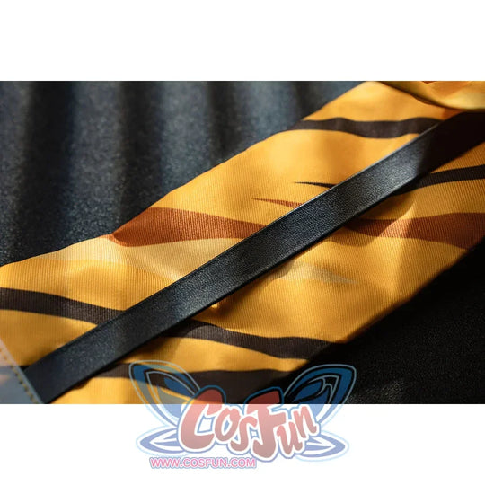 Genshin Impact Bennett cosplay sash detail layers golden stripes beneath a black diagonal band
