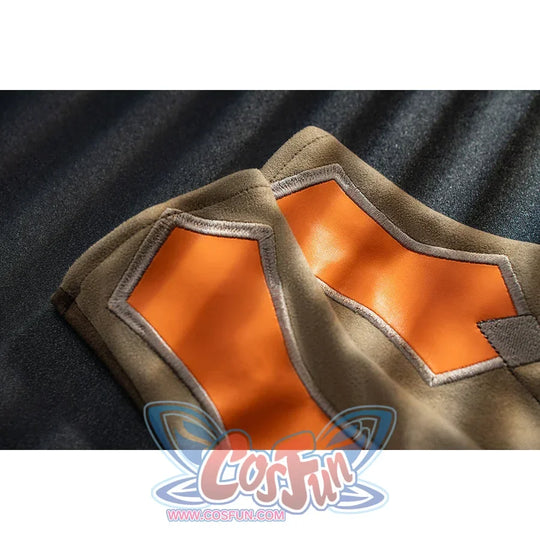 Genshin Impact Bennett cosplay top detail layers orange panels beneath gray trim around the neckline