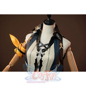 Genshin Impact Bennett cosplay upper view layers the cream vest under blue straps beside a yellow arm accessory