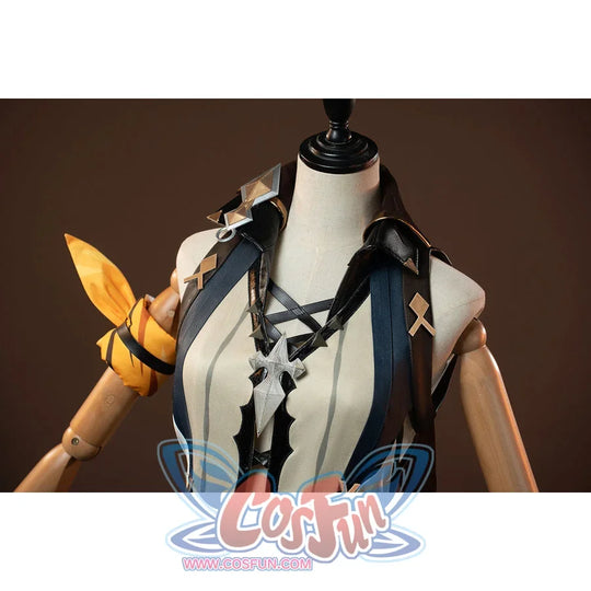 Genshin Impact Bennett cosplay upper view layers the cream vest under blue straps beside a yellow arm accessory