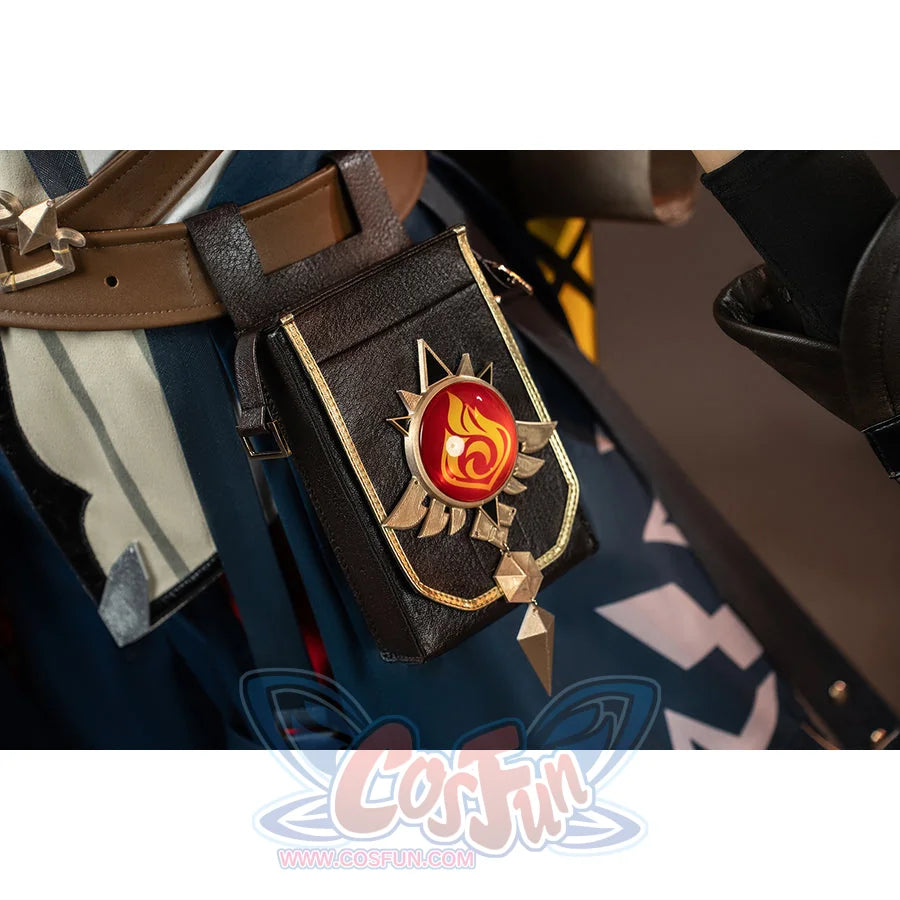 Genshin Impact Bennett cosplay vision pouch detail frames the red Pyro emblem inside black and gold-tone trim