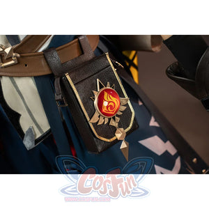 Genshin Impact Bennett cosplay vision pouch detail frames the red Pyro emblem inside black and gold-tone trim