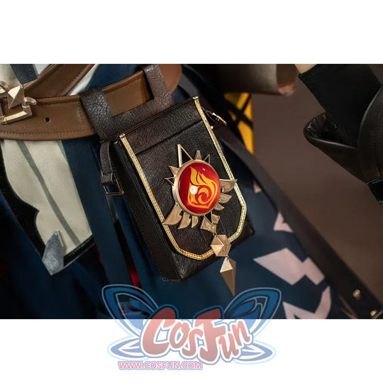Genshin Impact Bennett cosplay vision pouch detail frames the red Pyro emblem inside black and gold-tone trim
