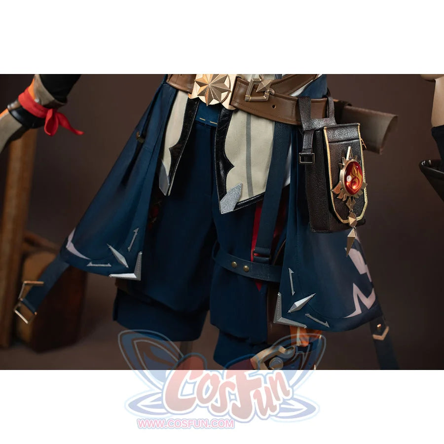 Genshin Impact Bennett cosplay waist view layers blue panels beneath brown belts and the hanging pouch charm