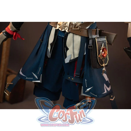 Genshin Impact Bennett cosplay waist view layers blue panels beneath brown belts and the hanging pouch charm