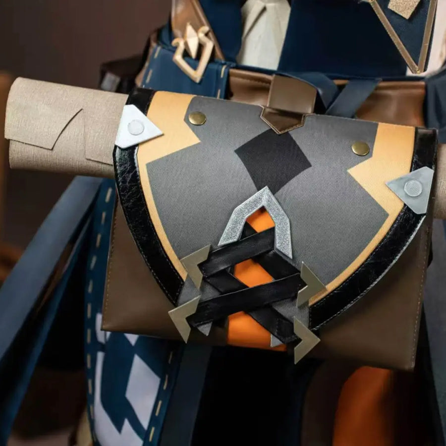 Genshin Impact Bennett cosplay waist pouch detail shows gray and tan panels laced over an orange center