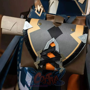 Genshin Impact Bennett cosplay waist pouch detail shows gray and tan panels laced over an orange center