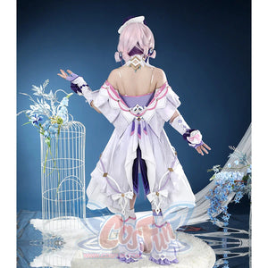 Genshin Impact Citlali cosplay costume back view frames a layered white dress and gold details.