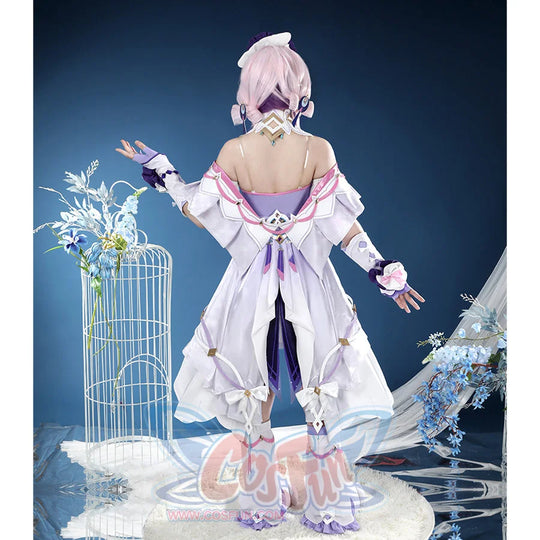 Genshin Impact Citlali cosplay costume back view frames a layered white dress and gold details.