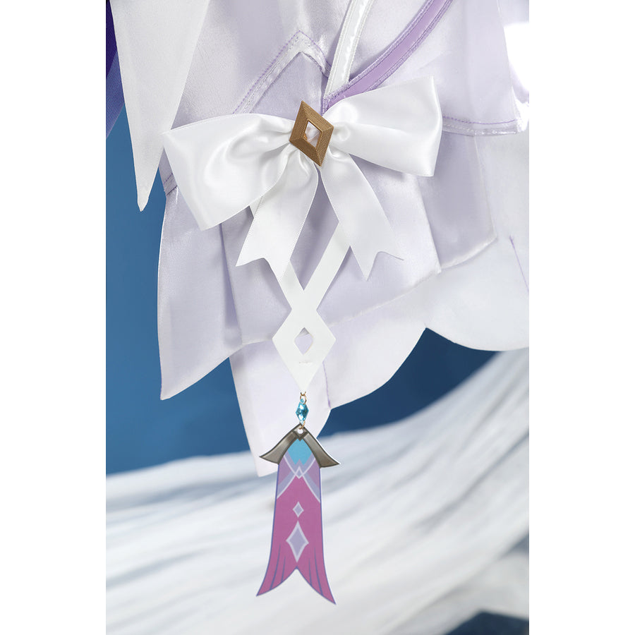 Genshin Impact Citlali cosplay costume pairs a white bow with a patterned magenta banner.