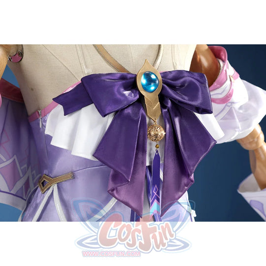 Genshin Impact Citlali cosplay chest bow detail centers a blue gem and gold-tone charm.