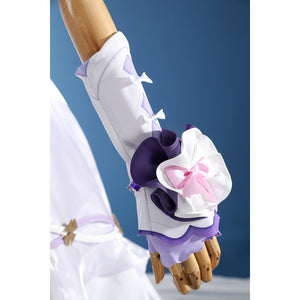 Genshin Impact Citlali cosplay glove detail pairs white fabric with purple trim and layered bows.