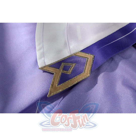 Genshin Impact Citlali cosplay emblem detail sets gold-tone trim over lavender fabric.