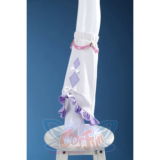 Genshin Impact Citlali cosplay costume leg cover with ruffle hem and purple diamonds.
