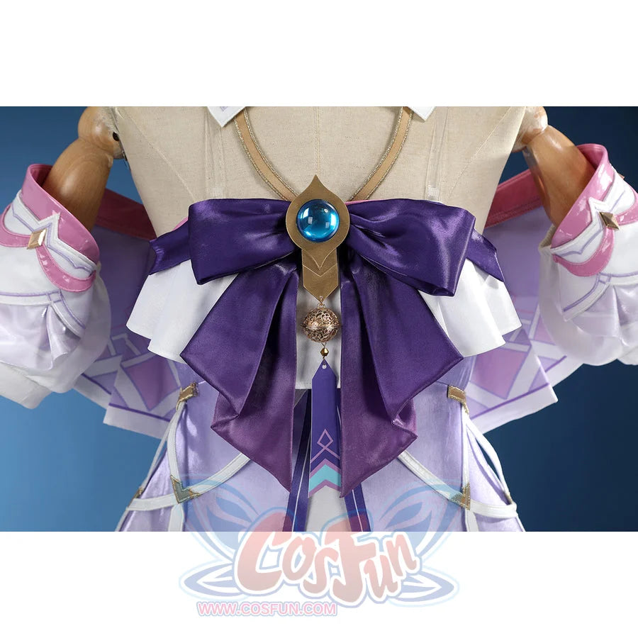Genshin Impact Citlali cosplay costume pairs a purple bow with a gold and blue gem brooch.