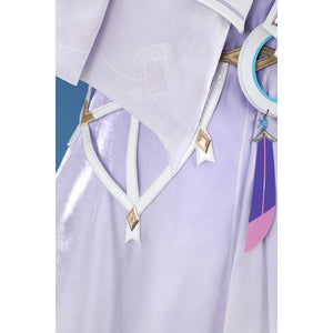 Genshin Impact Citlali cosplay costume detail layers purple fabric, gold accents, and feather charm.