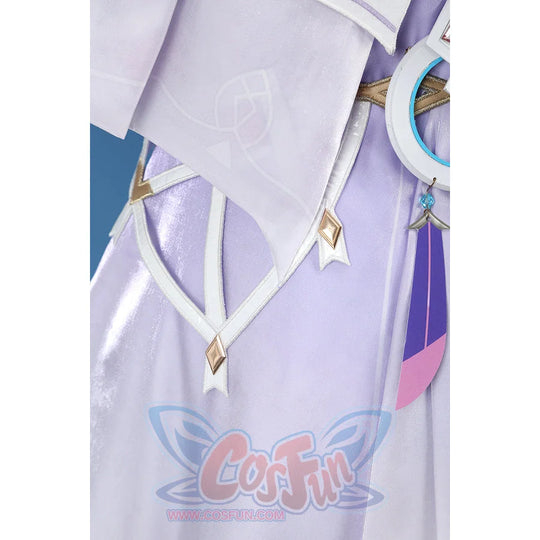 Genshin Impact Citlali cosplay costume detail layers purple fabric, gold accents, and feather charm.