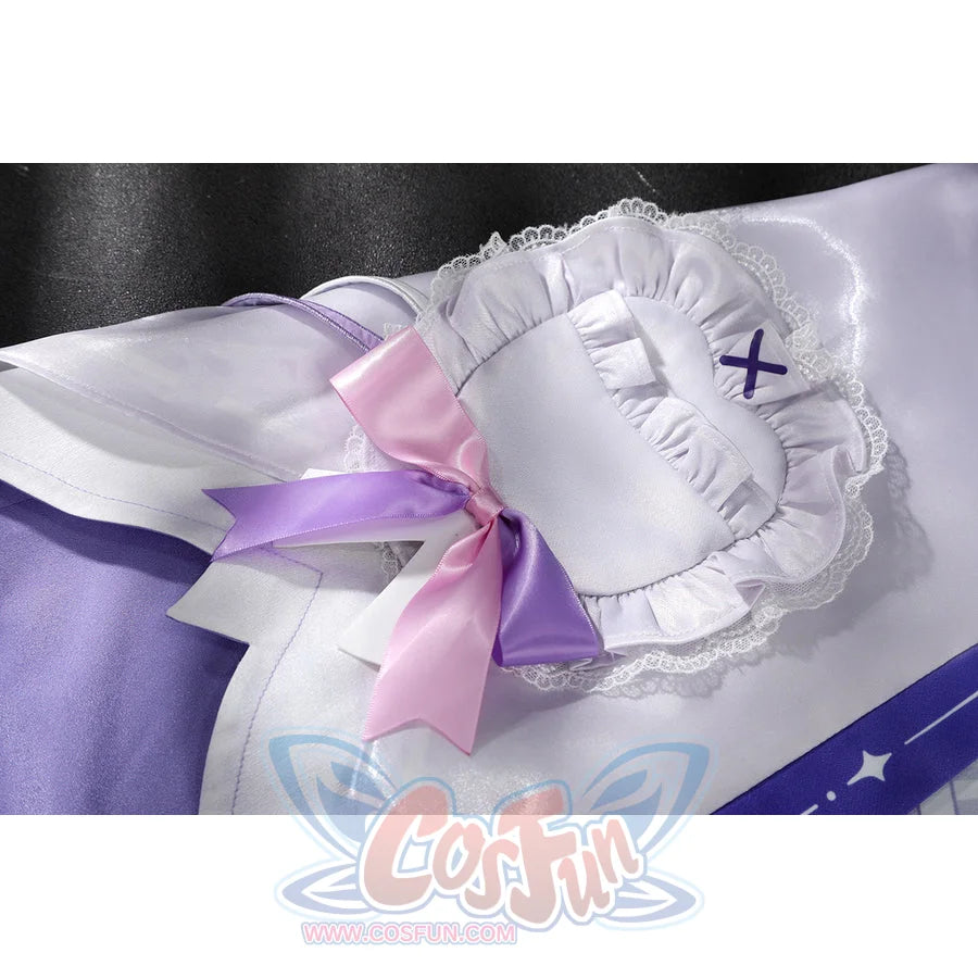 Genshin Impact Citlali cosplay ruffle detail pairs white lace trim with pink and purple bows.