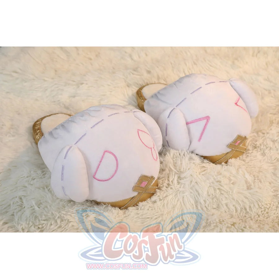 Genshin Impact Citlali cosplay shoes front view pairs white plush uppers with pink embroidery.