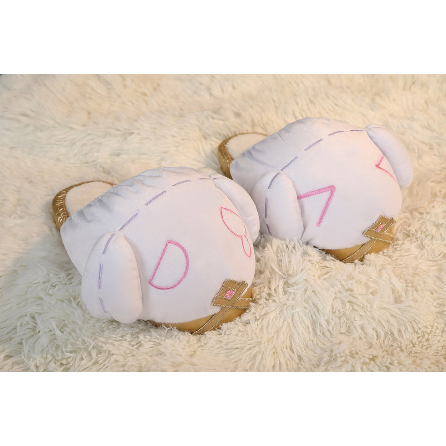 Genshin Impact Citlali cosplay shoes front view pairs white plush uppers with pink embroidery.