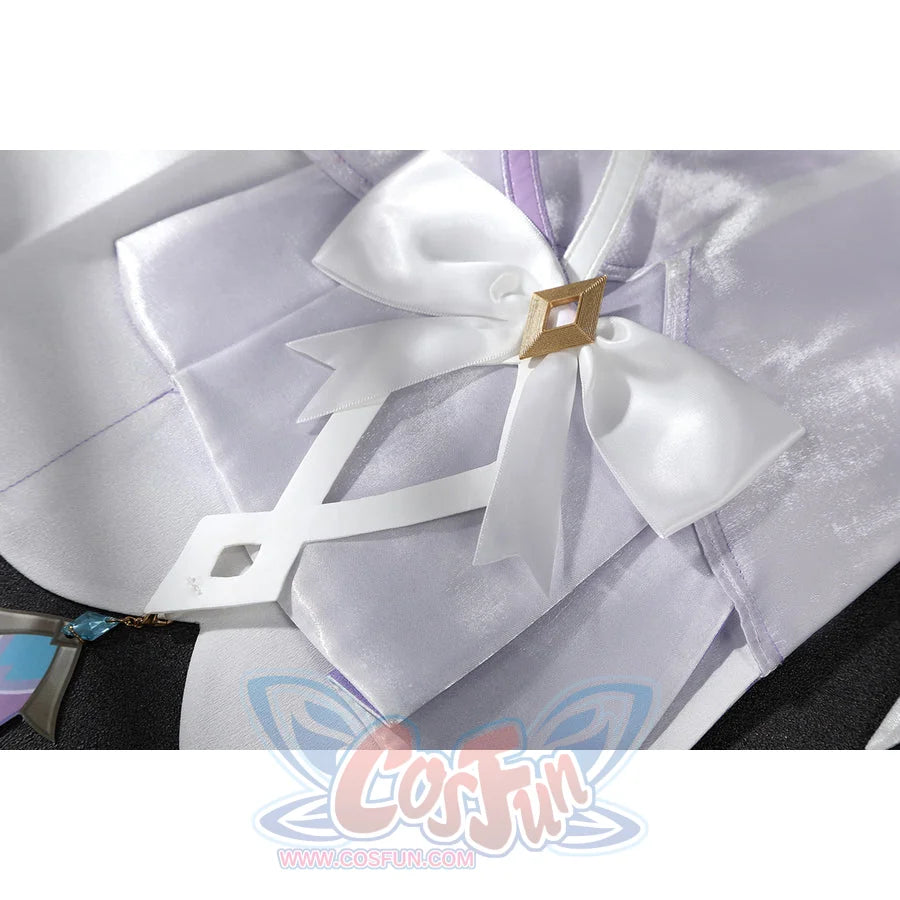 Genshin Impact Citlali cosplay skirt bow detail centers white satin over layered purple panels.