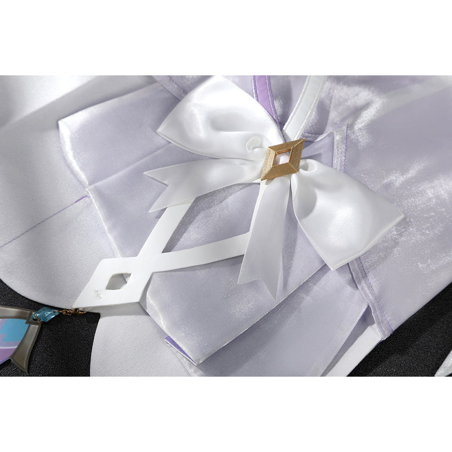 Genshin Impact Citlali cosplay skirt bow detail centers white satin over layered purple panels.