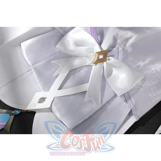 Genshin Impact Citlali cosplay skirt bow detail centers white satin over layered purple panels.