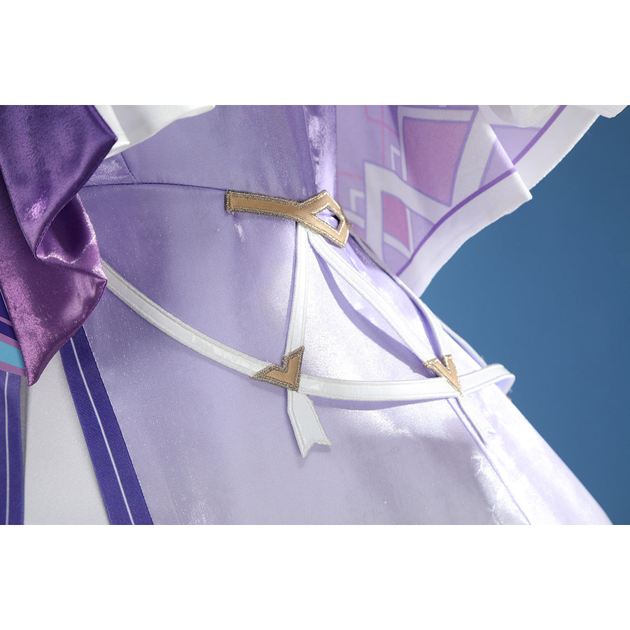 Genshin Impact Citlali cosplay costume pairs purple skirt layers with white ribbon trims.