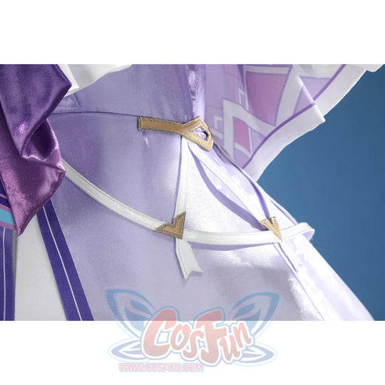 Genshin Impact Citlali cosplay costume pairs purple skirt layers with white ribbon trims.