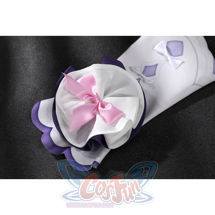 Genshin Impact Citlali cosplay sleeve cuff detail layers purple ruffles and a pink satin bow.