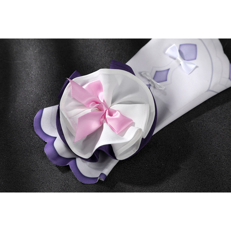 Genshin Impact Citlali cosplay sleeve cuff detail layers purple ruffles and a pink satin bow.