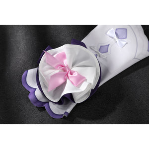 Genshin Impact Citlali cosplay sleeve cuff detail layers purple ruffles and a pink satin bow.