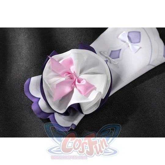 Genshin Impact Citlali cosplay sleeve cuff detail layers purple ruffles and a pink satin bow.