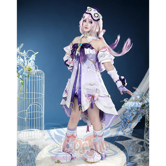 Genshin Impact Citlali cosplay costume pairs a purple-white dress with goggles and paw boots.