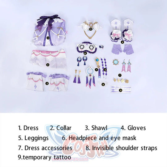 Genshin Impact Citlali cosplay costume flat lay gathers dress, collar, gloves, mask, and accessories.