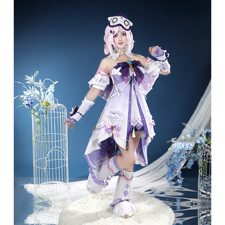 Genshin Impact Citlali cosplay costume pairs a purple and white dress with matching arm covers.