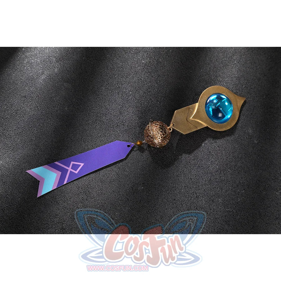 Genshin Impact Citlali cosplay costume gem clasp detail anchors a blue stone and branded ribbon.