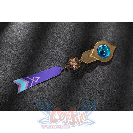 Genshin Impact Citlali cosplay costume gem clasp detail anchors a blue stone and branded ribbon.