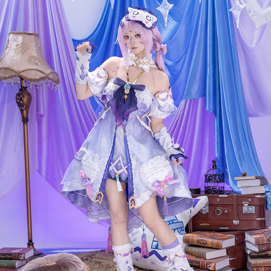 COSFUN Genshin Impact Citlali cosplay costume front view layers a pale lavender dress under a dark bow and headpiece.