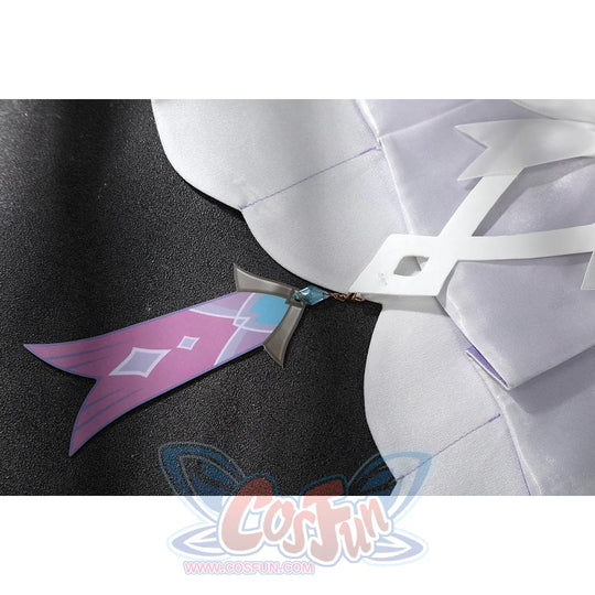 Genshin Impact Citlali cosplay pendant detail sets a purple print over white satin fabric.